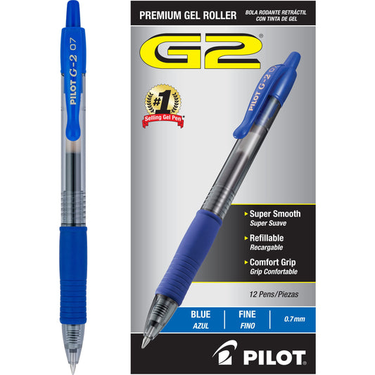 PILOT G2 Premium Refillable & Retractable Rolling Ball Gel Pens, Fine Point, Blue Ink, 12 Count (31021)-UPStoxs