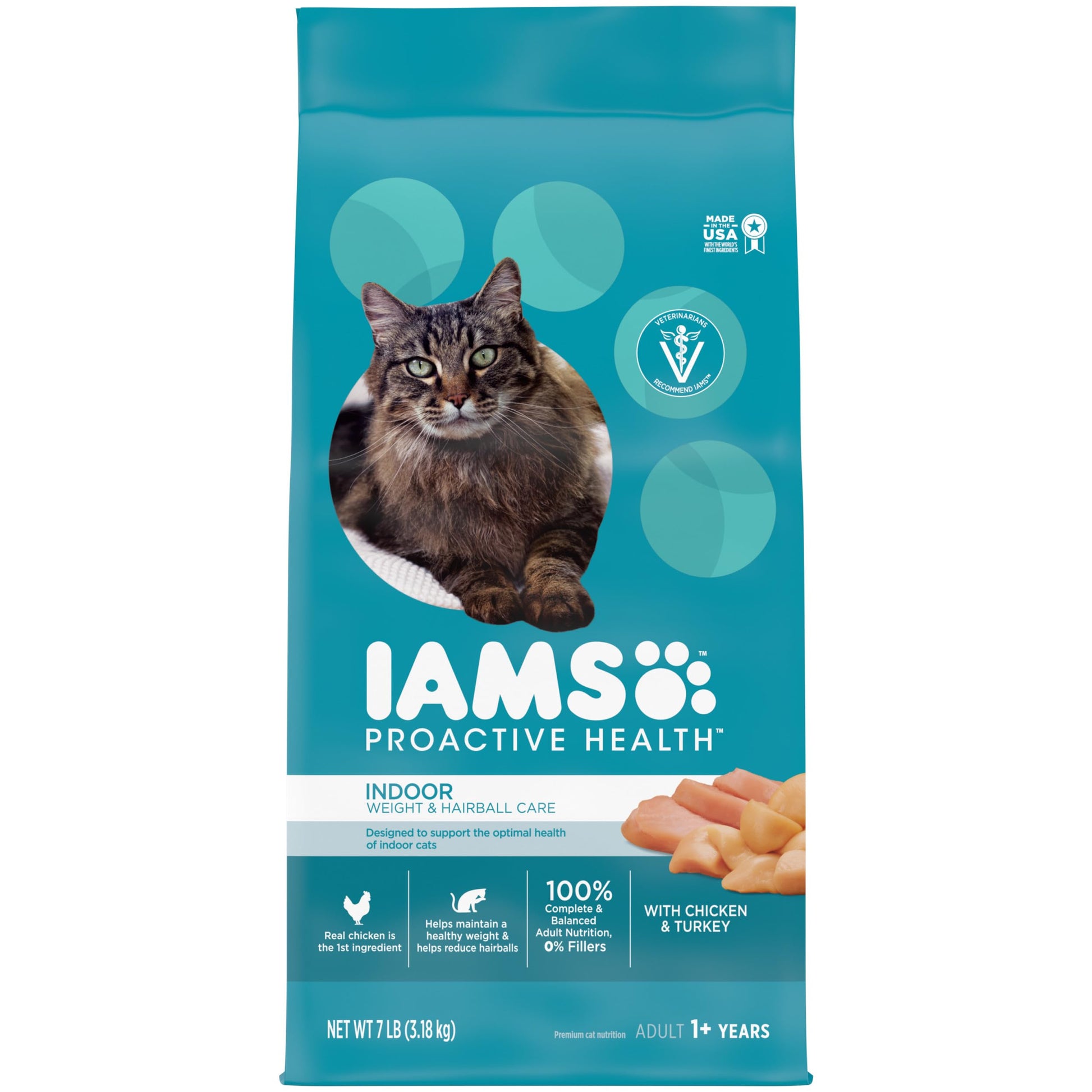 IAMS PROACTIVE HEALTH Adult Indoor Weight Control & Hairball Care Dry Cat Food with Chicken & Turkey Cat Kibble, 7 lb. Bag-UPStoxs