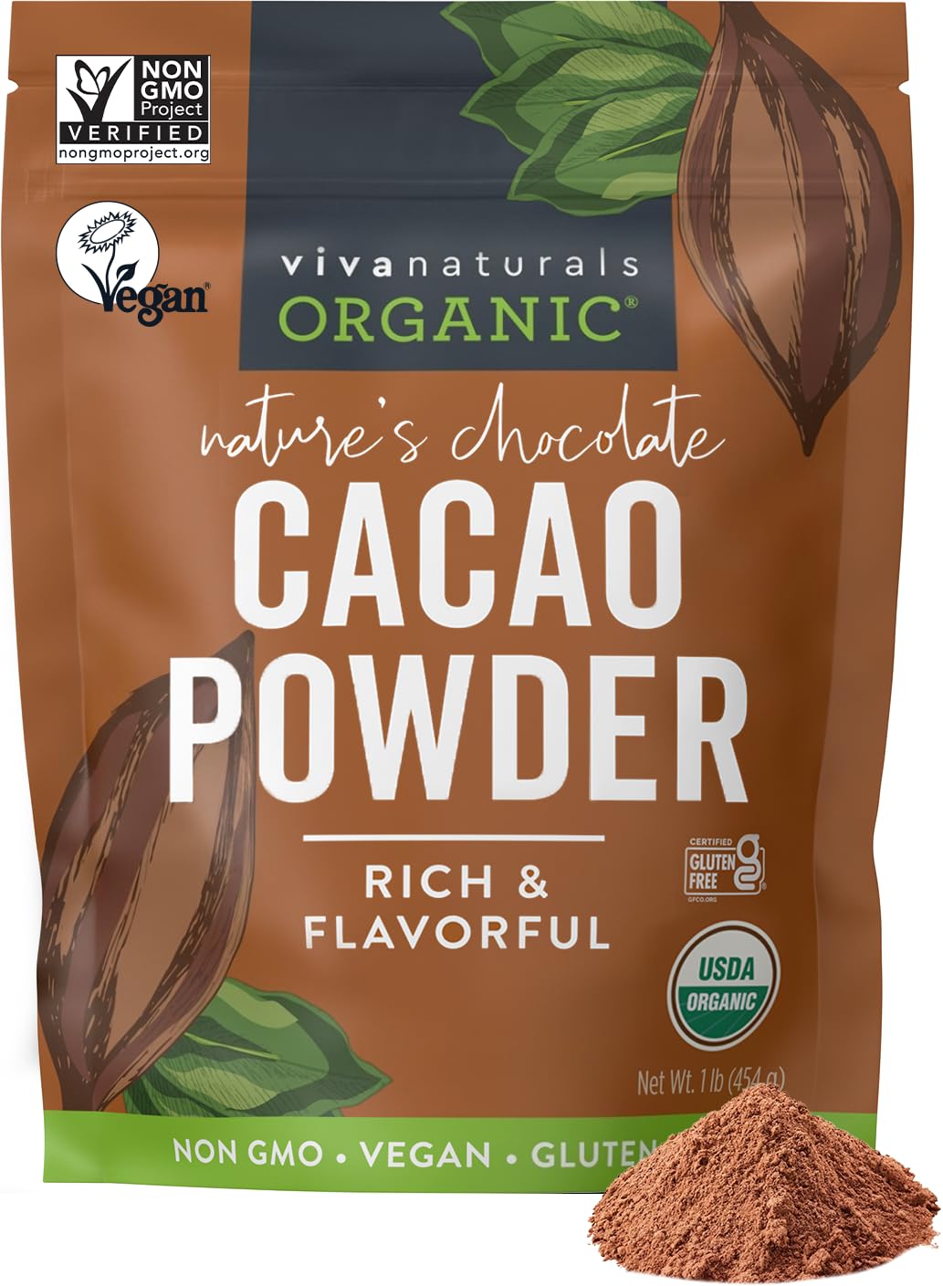 Viva Naturals Organic Cacao Powder, 1lb - Unsweetened Cacao Powder With Rich Dark Chocolate Flavor, Perfect for Baking & Smoothies, Non-GMO, Certified Vegan & Gluten-Free, 454 g-UPStoxs