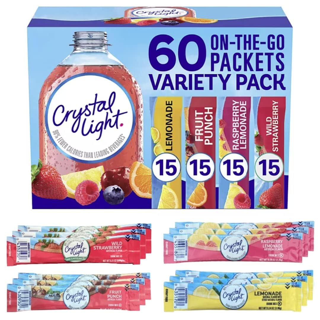 Crystal Light Lemonade, Fruit Punch, Raspberry Lemonade and Wild Strawberry Powdered Drink Mix Variety Pack 60 ct.