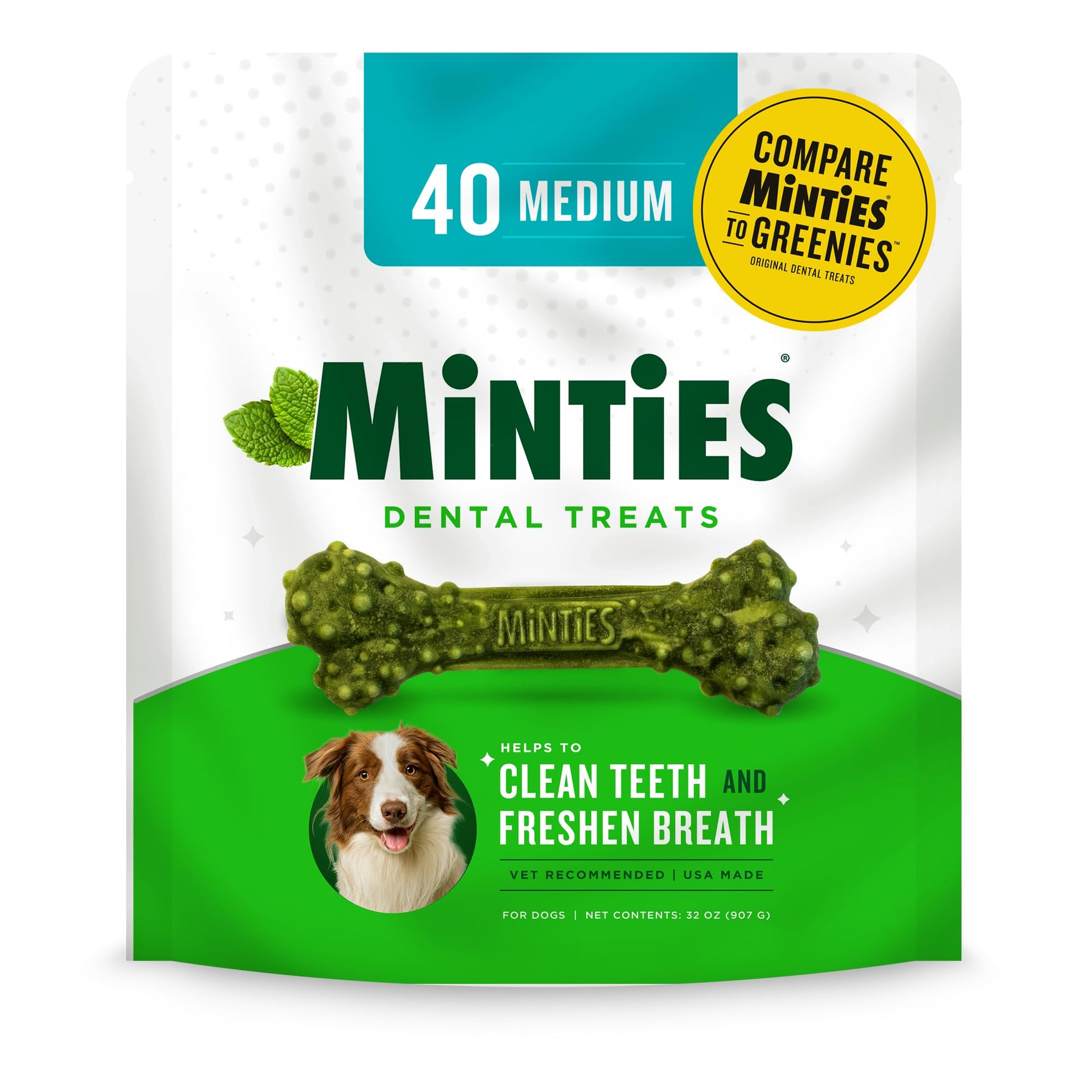 Minties Dental Chews for Dogs, 40 Count, Vet-Recommended Mint-Flavored Dental Treats for Medium Dogs 25-50 lbs, Dental Bones Clean Teeth, Fight Bad Breath, and Removes Plaque and Tartar-UPStoxs