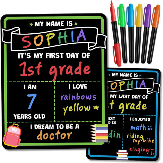 First and Last Day of School Board Sign with Liquid Chalk Markers Pack - Back to School Sign with Chalkboard Markers - 14”x11” Double-Sided - Back to School Supplies for Kindergarten Preschool-UPStoxs