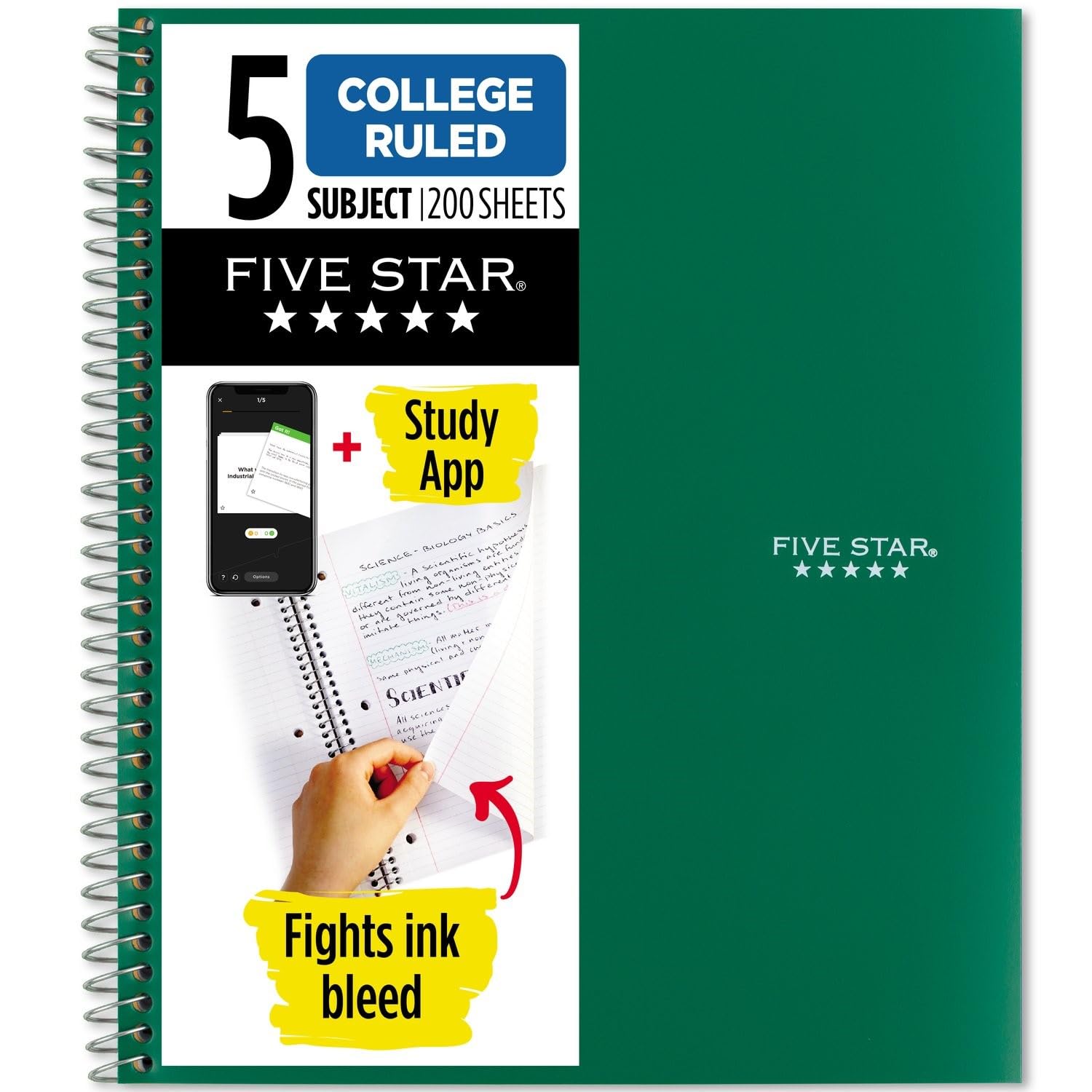 Five Star Spiral Notebook + Study App, 5 Subject, College Ruled Paper, Fights Ink Bleed, Water Resistant Cover, 8-1/2" x 11", 200 Sheets, Green (72079)-UPStoxs