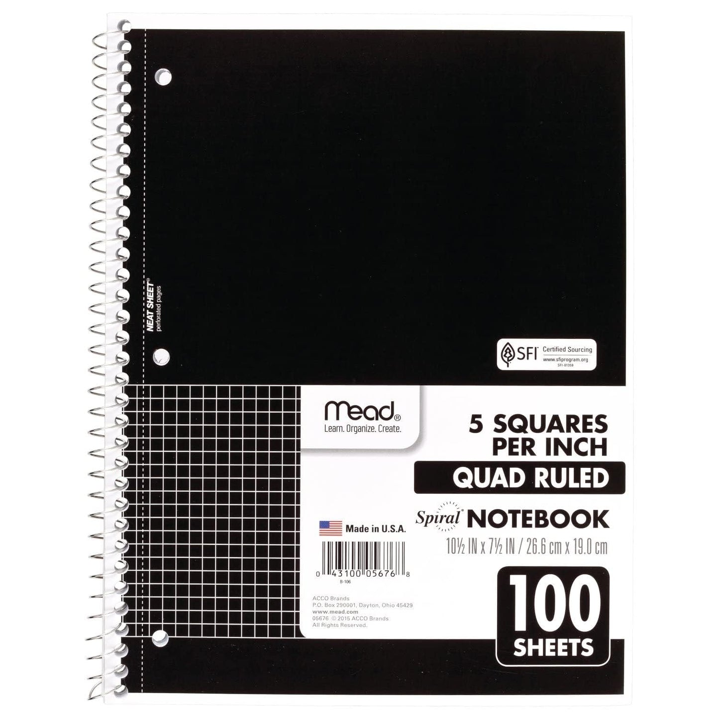 Mead Spiral Notebook, 1-Subject, Graph Ruled Paper, 7-1/2" x 10-1/2", 100 Sheets, Black (05676AA5)-UPStoxs