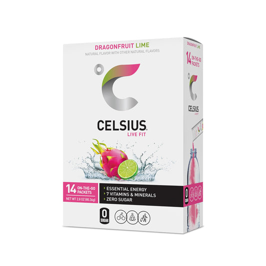 CELSIUS® On-the-Go Powder Sticks Dragonfruit Lime, Essential Energy 2.8 Oz (14 Sticks per Pack)-UPStoxs