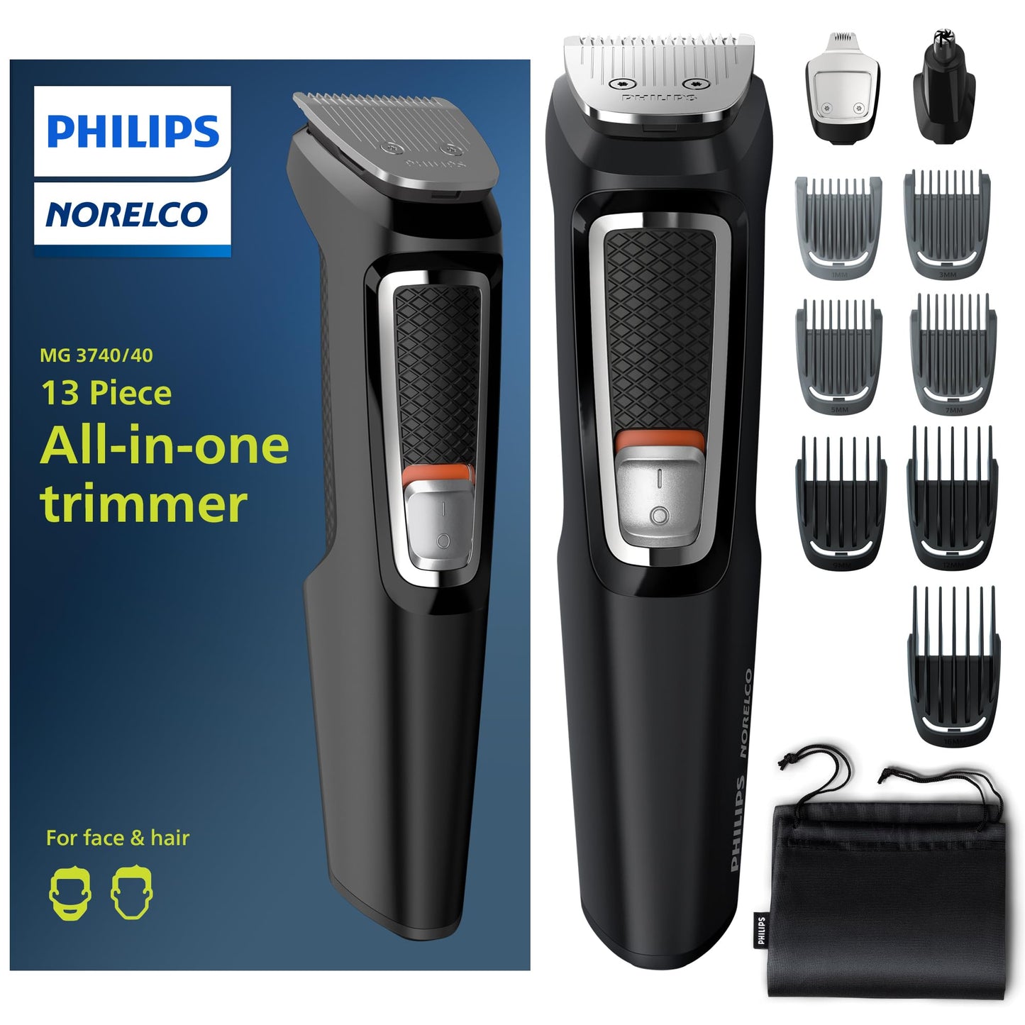 Norelco Philips Multi Groomer All-in-One Trimmer Series 3000-13 Piece Mens Grooming Kit for Beard, Face, Nose, Ear Hair Trimmer and Hair Clipper - NO Blade Oil Needed, MG3740/40-UPStoxs