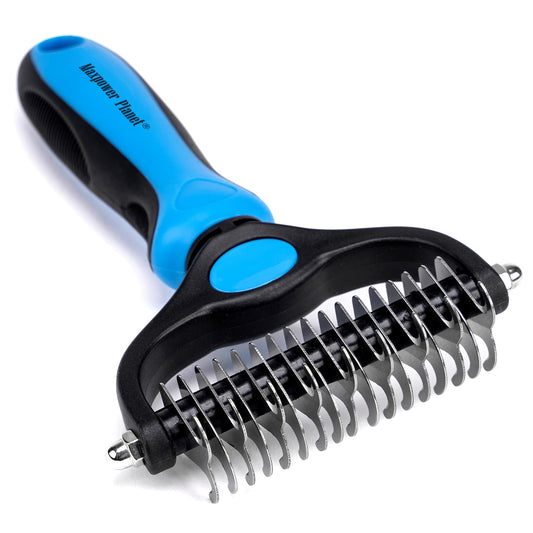 Maxpower Planet Pet Grooming Rake - Double-Sided Dematting Undercoat Brush for Dogs and Cats, Extra Wide, Reduces Shedding by 95%, Blue-UPStoxs