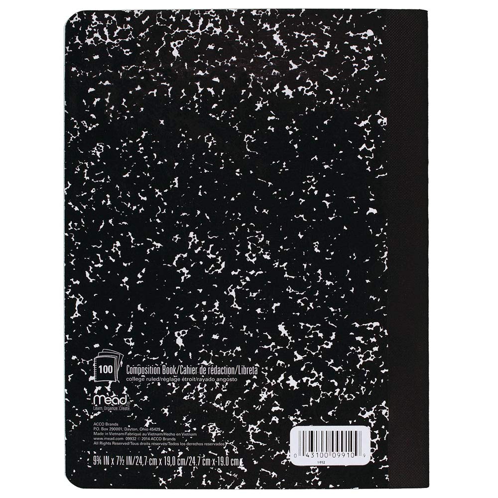 Mead Composition, Wide Ruled Comp Book, Writing Journal Notebook with Lined Paper, Home School Supplies for College Students & K-12, 9-3/4" x 7-1/2", 100 Sheets, Black Marble (09910)-UPStoxs