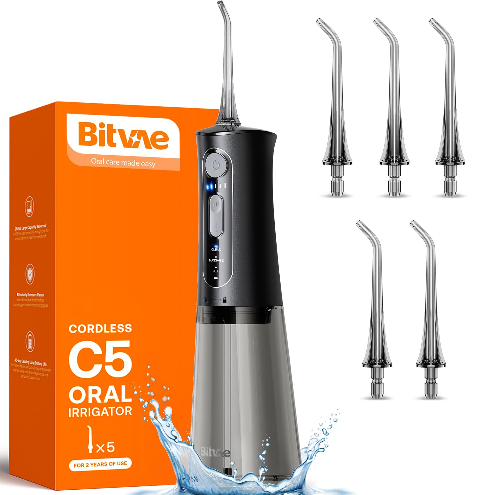 Bitvae C5 Water Dental Flosser for Teeth Picks, Cordless Water Flosser, 3 Modes 5 Intensities, IPX7 Waterproof Water Teeth Cleaner, 5 Tips Rechargeable Water Dental Picks for Cleaning - Black-UPStoxs