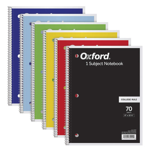 Oxford Spiral Notebook 6 Pack, 1 Subject, College Ruled Paper, 8 x 10-1/2 Inch, Color Assortment Design May Vary (65007)-UPStoxs