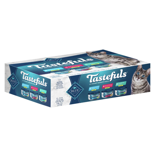 Blue Buffalo Tastefuls Natural Flaked Wet Cat Food Variety Pack, Tuna, Chicken and Fish & Shrimp Entrées in Gravy 5.5-oz Cans (12 Count - 4 of Each)-UPStoxs