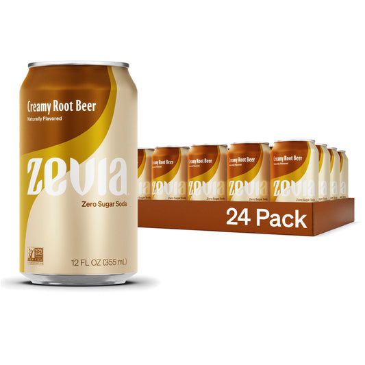 Zevia Zero Sugar, Creamy Root Beer Soda, Caffeine Free, 12 Fl Oz Cans (Pack of 24)-UPStoxs