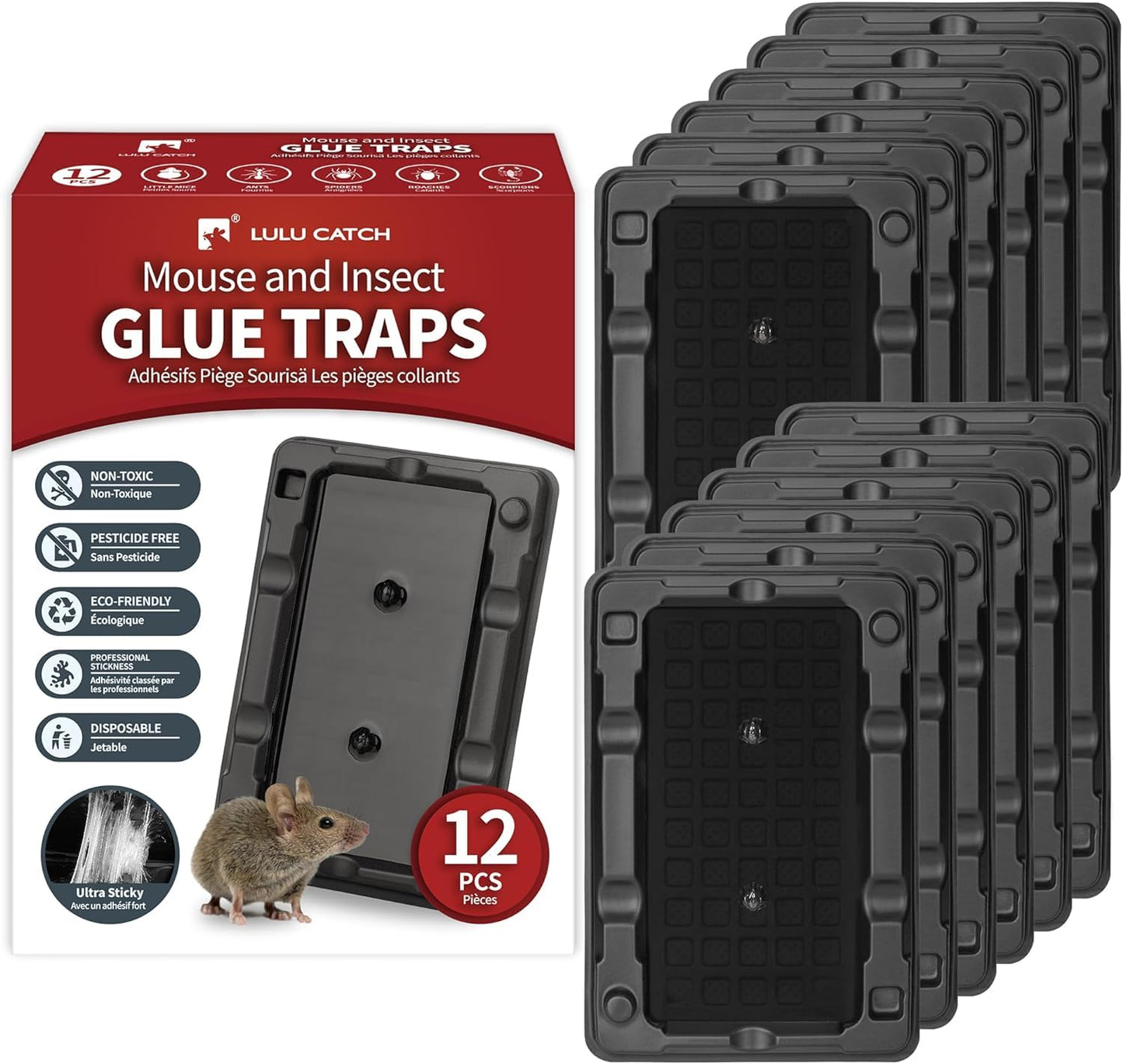 LULUCATCH Mouse & Insect Traps 12 Pack, Heavier Sticky Traps with Non-Toxic Glue for Small Mice & Insects. Sticky Mouse Traps Indoor, Easy to Set, Safe to Children & Pets-UPStoxs