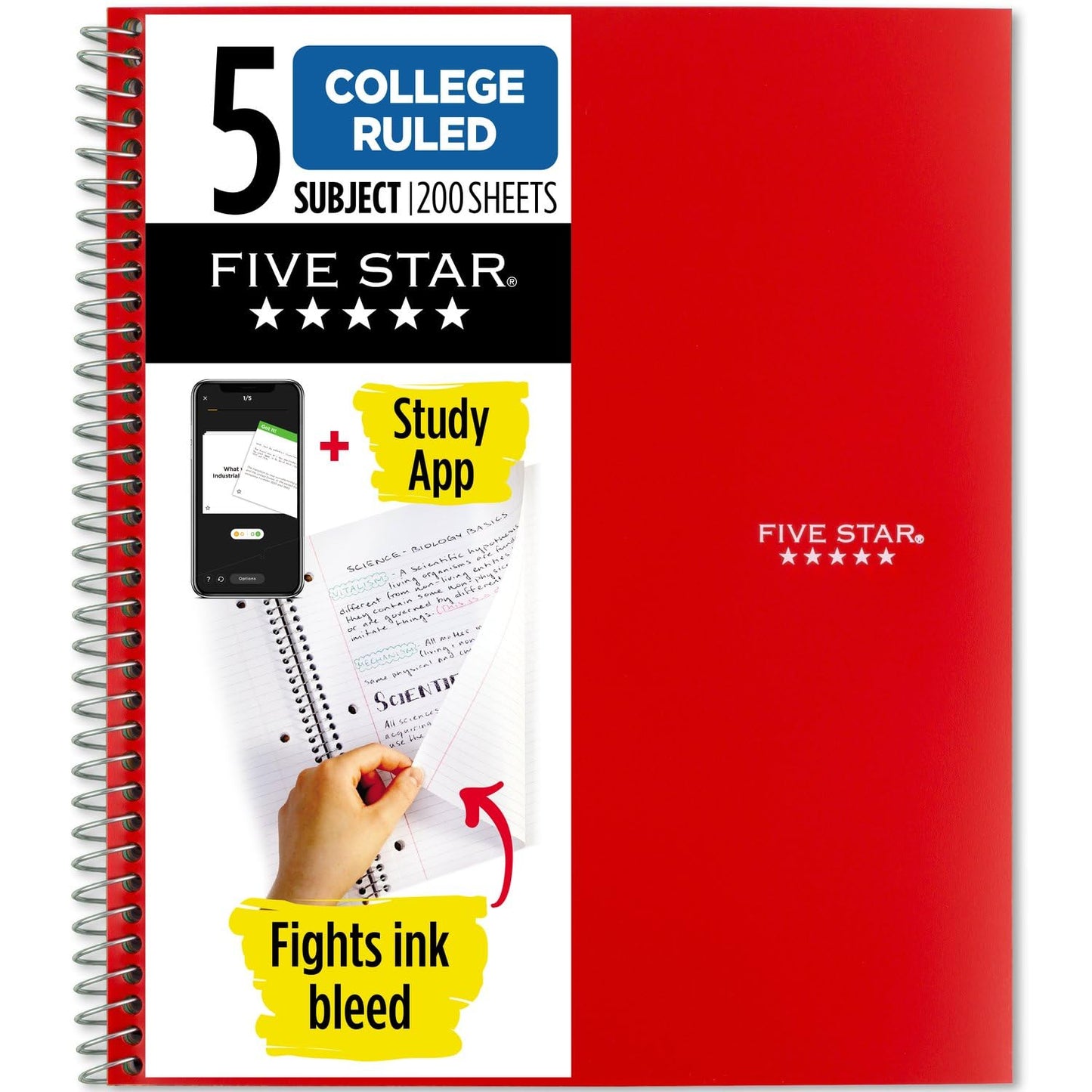 Five Star Spiral Notebook + Study App, 5 Subject, College Ruled Paper, Fights Ink Bleed, Water Resistant Cover, 8-1/2" x 11", 200 Sheets, Red (72077)-UPStoxs