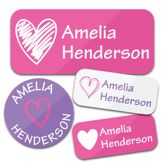 Bunny Badges Personalized Daycare Name Labels (130 Labels) - Custom Waterproof Name Stickers for Clothing Tags, Water Bottles, Lunch Boxes and School Supplies (Hearts)-UPStoxs