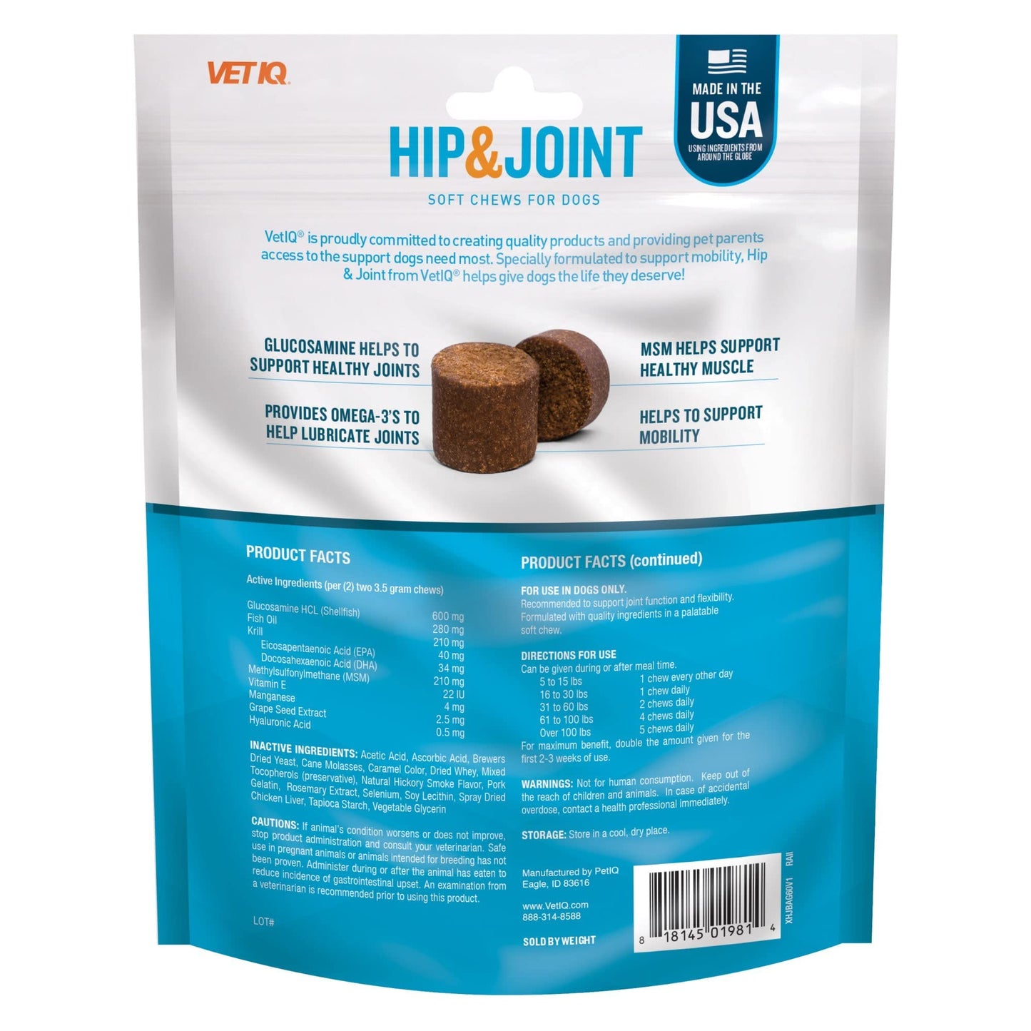 VetIQ Glucosamine Hip & Joint Supplement for Dogs, 60 Soft Chews, Dog Joint Support Supplement with MSM and Krill, Dog Health Supplies Large & Small Breed, Chicken Flavored Chewables-UPStoxs