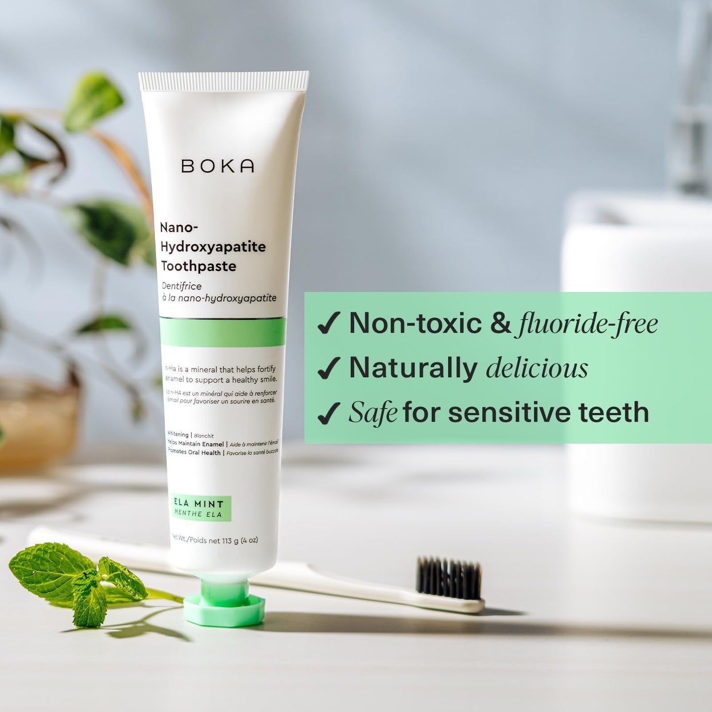 Boka Fluoride Free Toothpaste - Nano Hydroxyapatite, Remineralizing, Sensitive Teeth, Whitening - Dentist Recommended for Adult & Kids Oral Care - Ela Mint Flavor, 4 Fl Oz 1 Pk - US Manufactured-UPStoxs