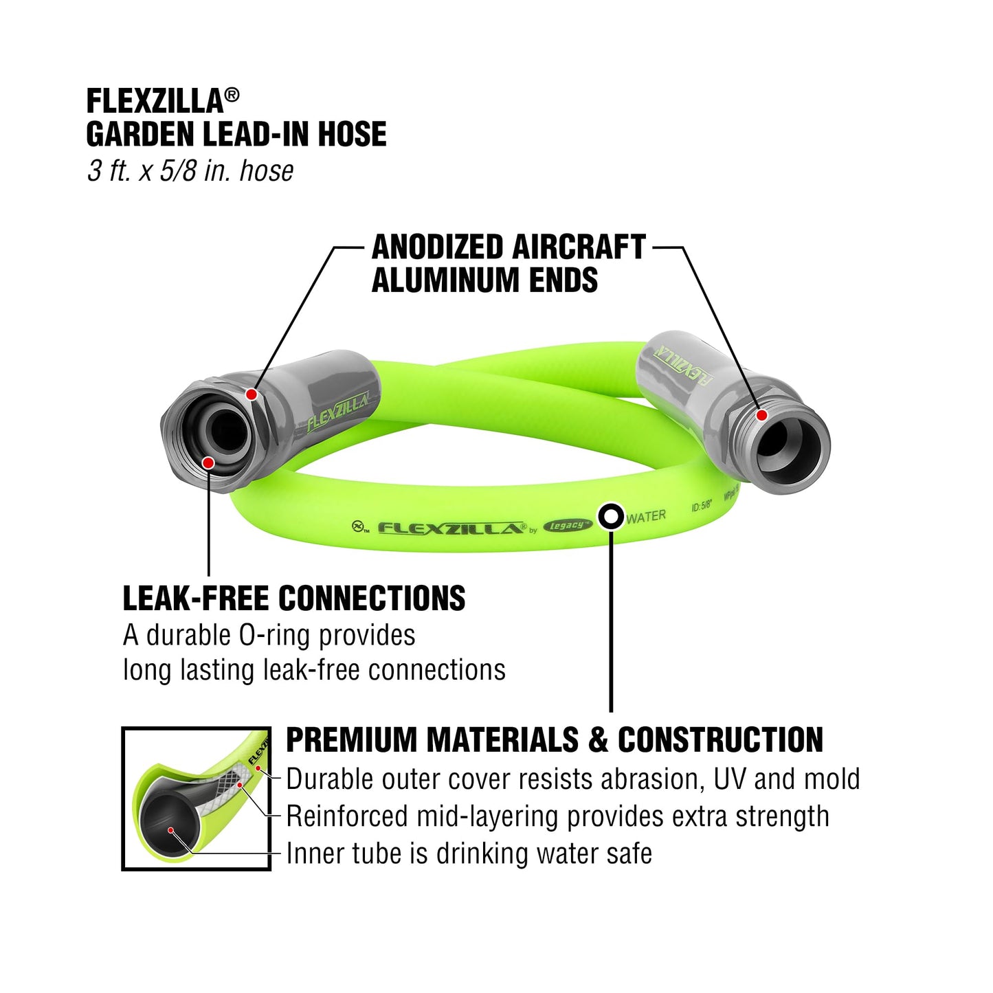 Flexzilla Garden Lead-In Hose 5/8 in. x 3 ft., Heavy Duty, Lightweight, Drinking Water Safe, ZillaGreen - HFZG503YW-E-UPStoxs