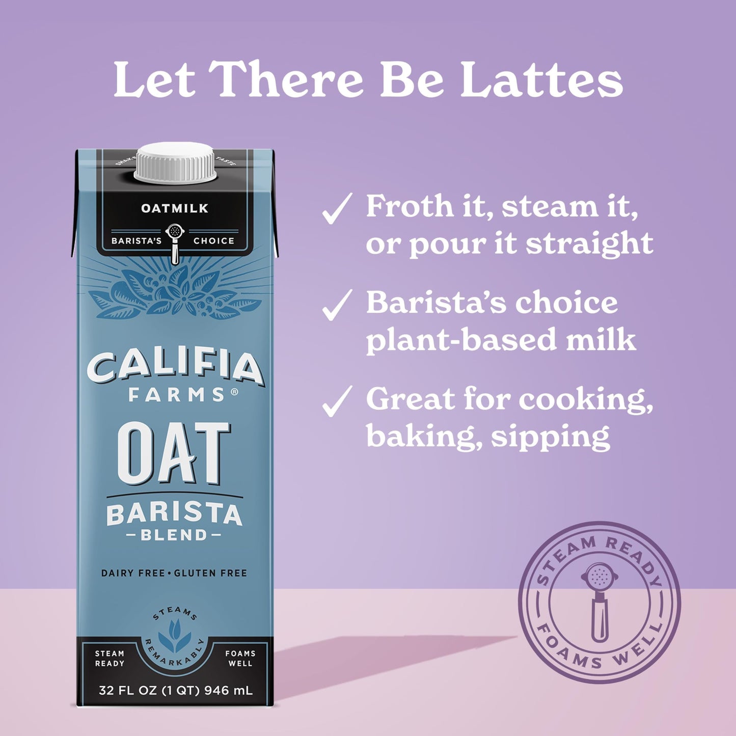 Califia Farms - Oat Barista Blend Oat Milk, 32 Oz (Pack of 6), Shelf Stable, Dairy Free, Plant Based, Vegan, Gluten Free, Non GMO, High Calcium, Milk Frother, Creamer, Oatmilk-UPStoxs