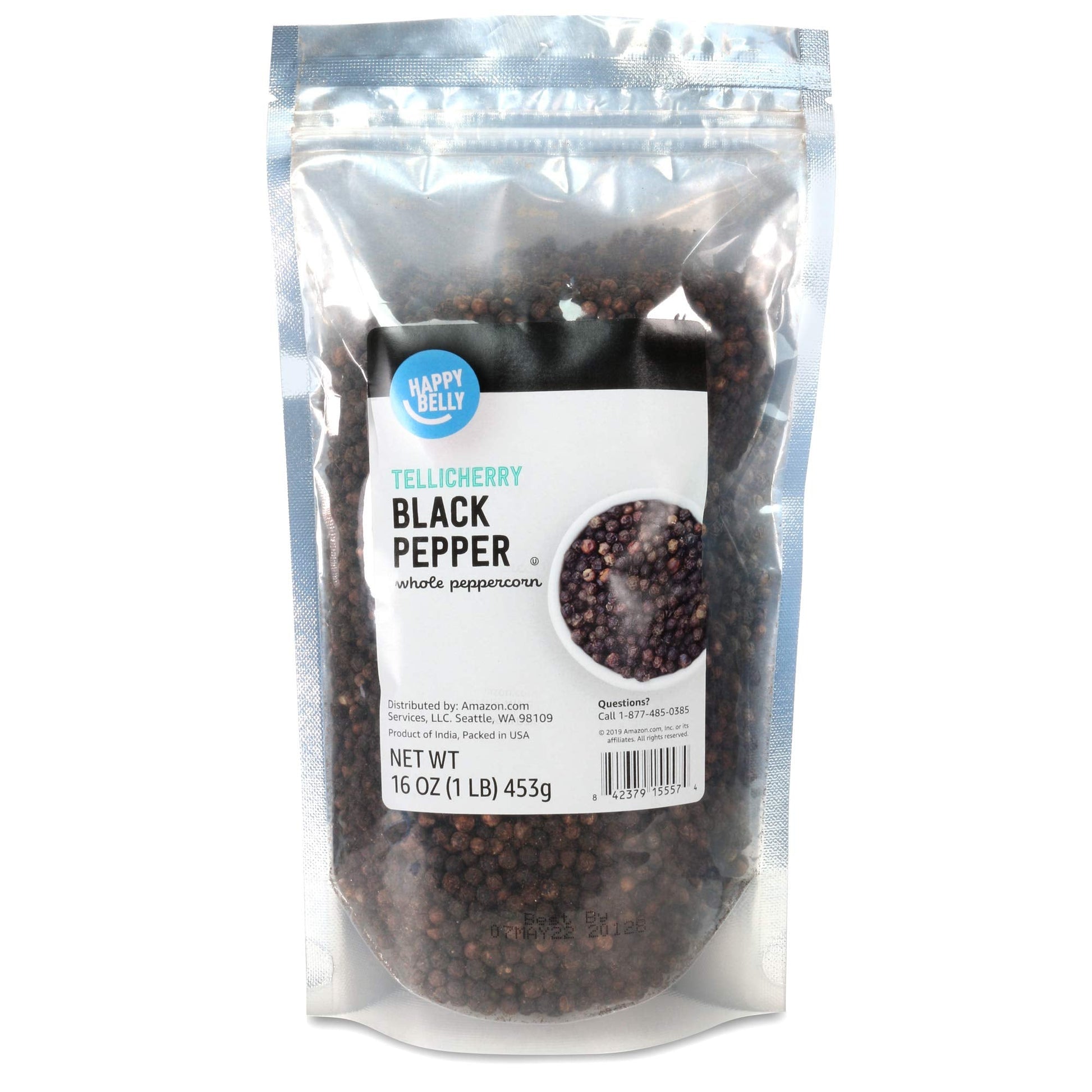 Amazon Brand - Happy Belly Tellicherry Black Pepper Whole Peppercorn, 16 ounce (Pack of 1)-UPStoxs