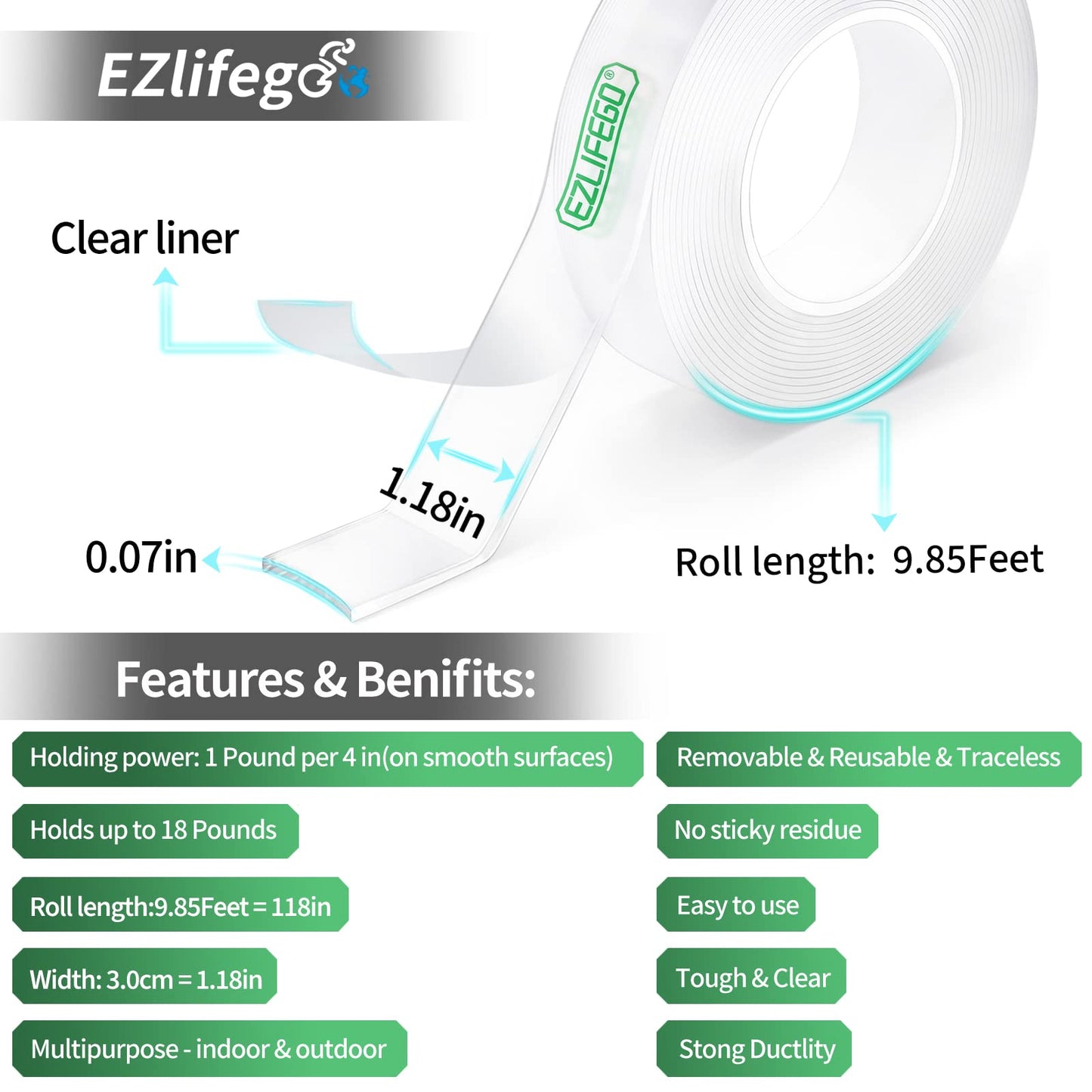 EZlifego Double Sided Tape Heavy Duty, Extra Large Nano Double Sided Adhesive Tape, Clear Mounting Tape Picture Hanging Adhesive Strips,Removable Wall Tape Sticky Poster Tape Decor Carpet Tape(9.85FT)-UPStoxs