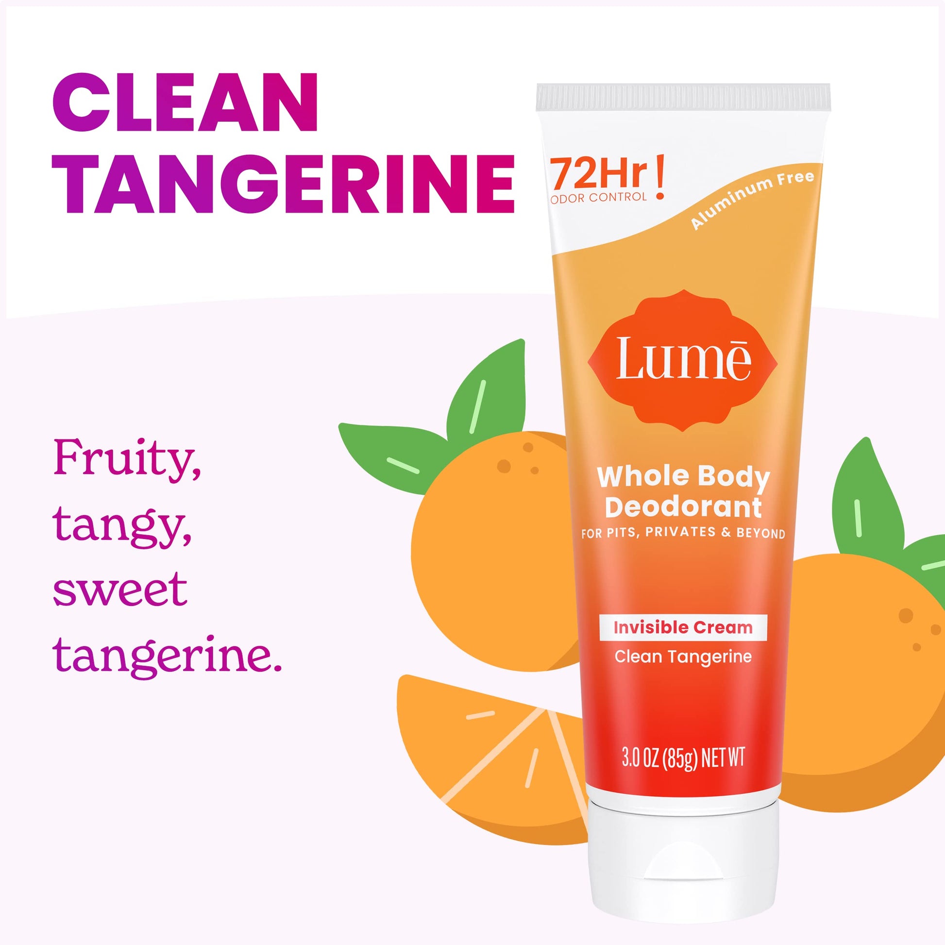 Lume Whole Body Deodorant - Invisible Cream Tube - 72 Hour Odor Control - Aluminum Free, Baking Soda Free, Skin Safe - 3.0 ounce (Clean Tangerine)-UPStoxs