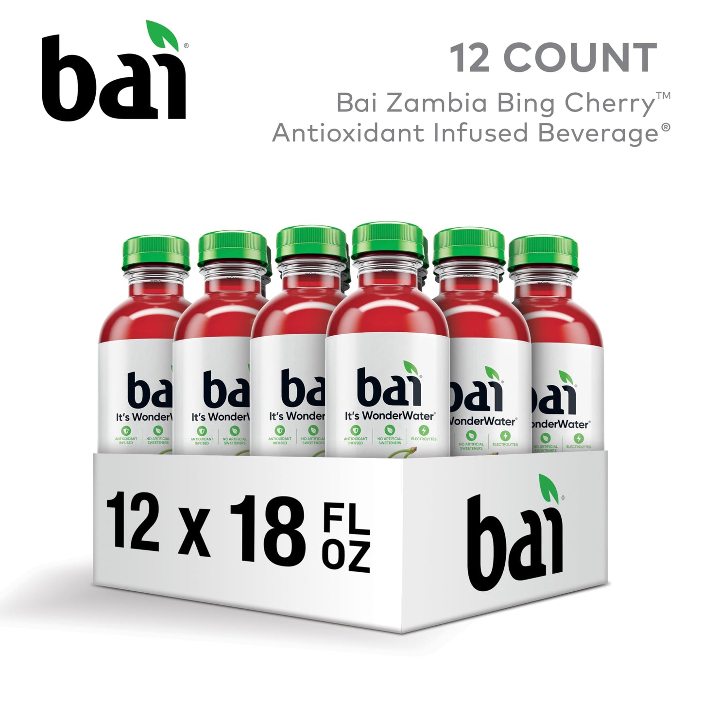 Bai Antioxidant Infused Water Beverage, Zambia Bing Cherry, with Vitamin C and No Artificial Sweeteners, 18 Fluid Ounce Bottle, 12 Pack-UPStoxs