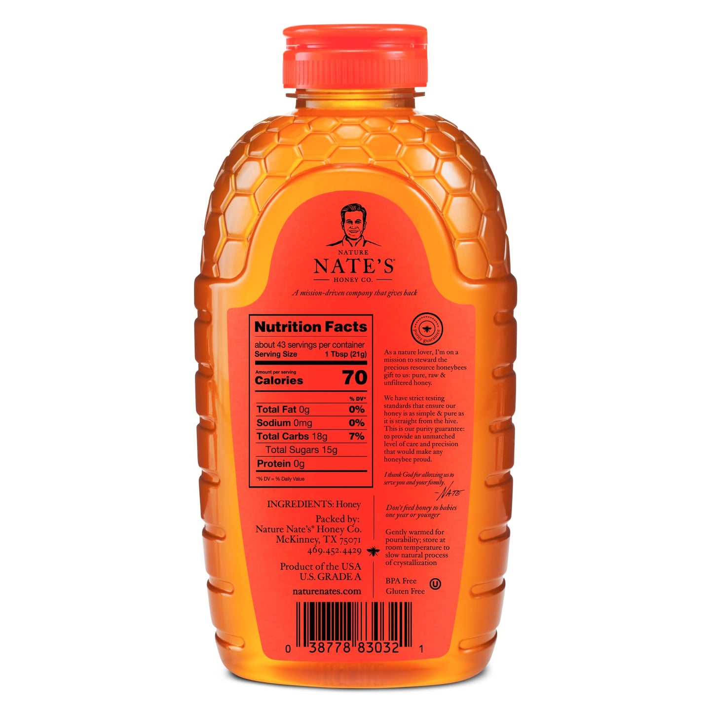 Nate's 100% Pure, Raw & Unfiltered Honey - Award-Winning Taste, 32oz. Squeeze Bottle-UPStoxs