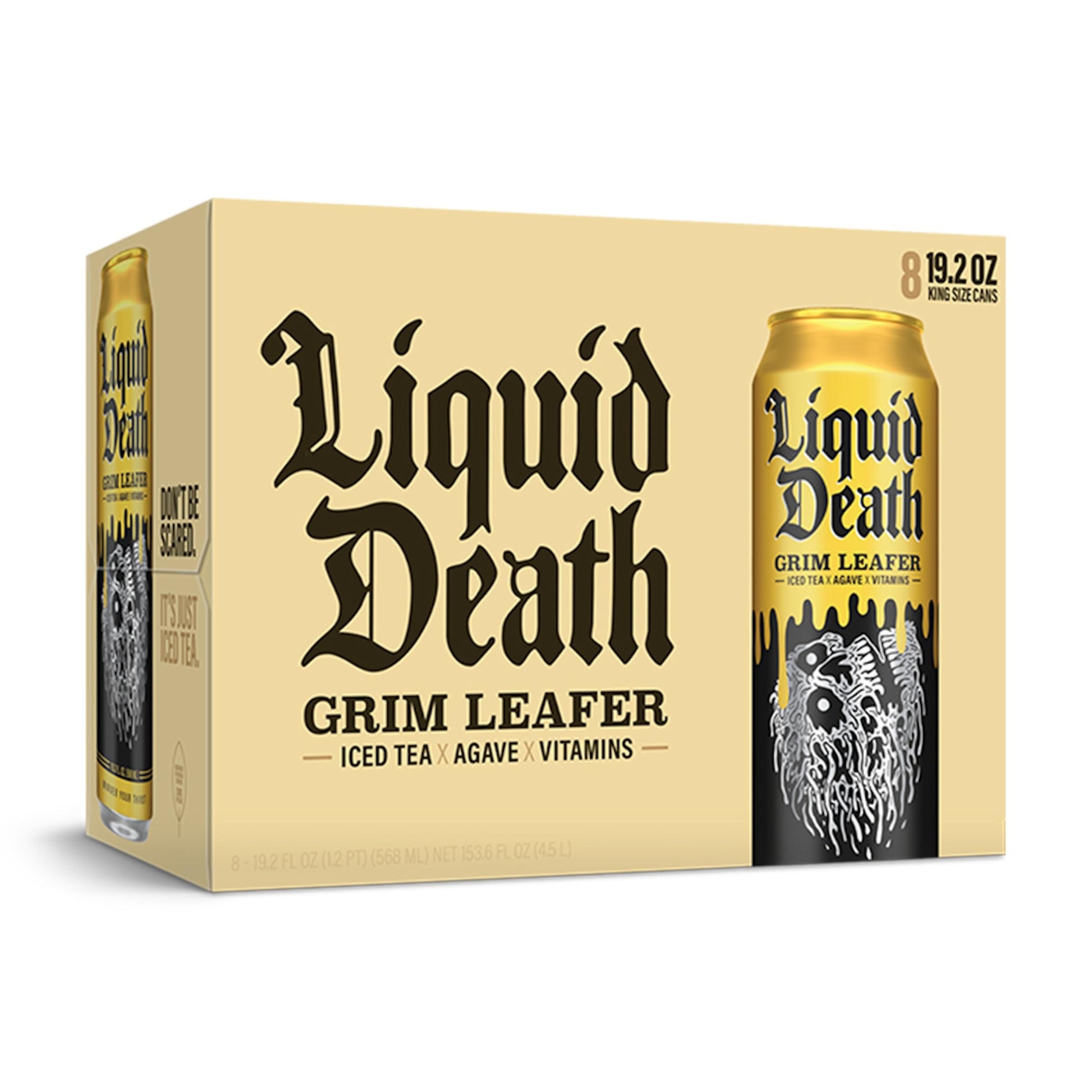 Liquid Death, Grim Leafer Iced Tea, 8-Pack (King Size 19.2oz Cans), Southern Style Sweet Tea Sweetened With Real Agave, B12 & B6 Vitamins, Low Calorie & Low Sugar-UPStoxs