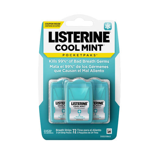 Listerine Cool Mint Pocketpaks Breath Strips Kills Bad Breath Germs, 24-Strip Pack, 3 Pack-UPStoxs