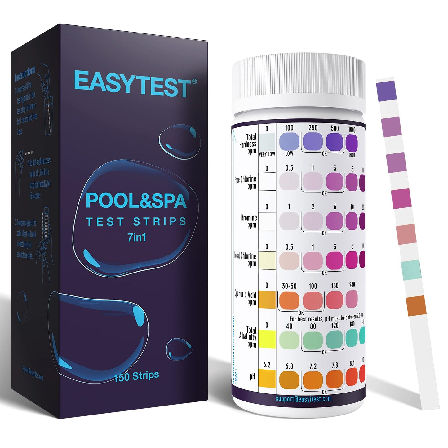 EASYTEST 7-Way Pool Test Strips, 150 Strips Water Chemical Testing for Hot tub and Spa, Accurate Test Bromine, Total Alkalinity, pH, Free Chlorine, Total Hardness, Cyanuric Acid, and Total Chlorine-UPStoxs