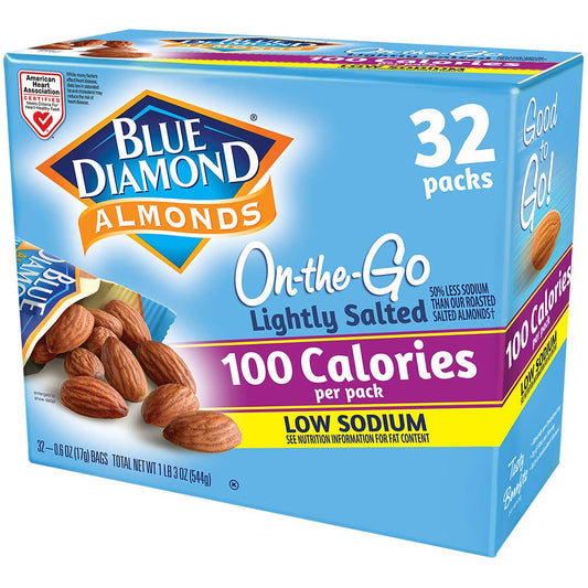 Blue Diamond Almonds Low Sodium Lightly Salted Snack Nuts, 100 Calorie Packs, 0.6 Ounce (Pack of 32)-UPStoxs