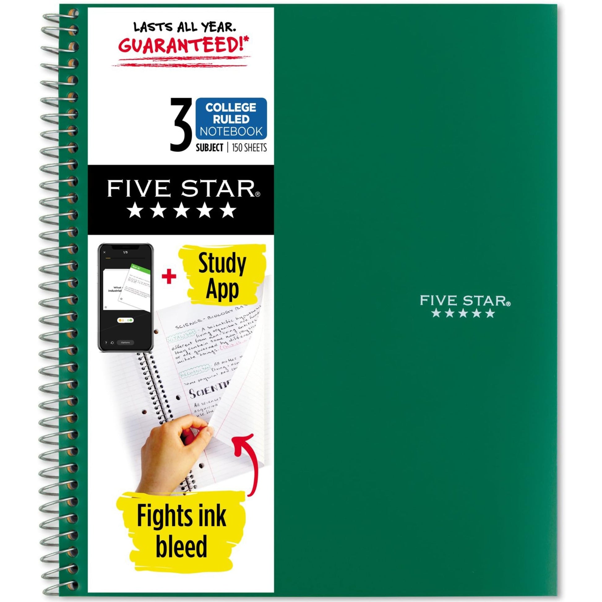 Five Star Spiral Notebook + Study App, 3 Subject, College Ruled Paper, Fights Ink Bleed, Water Resistant Cover, 8-1/2" x 11", 150 Sheets, Green (72067)-UPStoxs