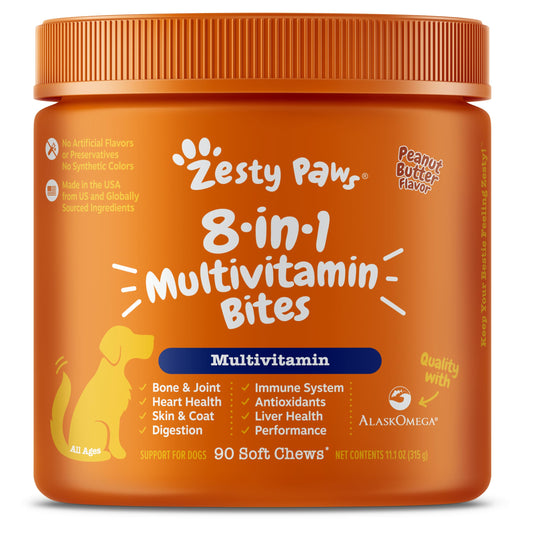 Zesty Paws Multivitamin Treats for Dogs - Glucosamine Chondroitin for Joint Support + Digestive Enzymes & Probiotics - Grain Free Vitamin for Skin & Coat + Immune Health - Peanut Butter Flavor - 90ct-UPStoxs