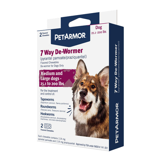 PetArmor 7 Way De-Wormer for Dogs, Oral Treatment for Tapeworm, Roundworm & Hookworm in Large Dogs & Puppies (Over 25 lbs), Worm Remover (Praziquantel & Pyrantel Pamoate), 2 Flavored Chewables-UPStoxs