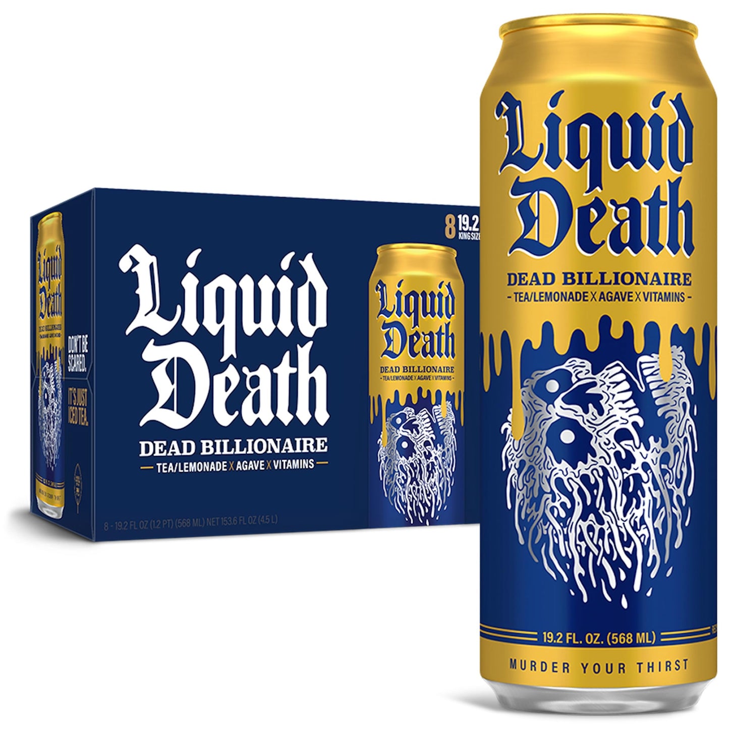 Liquid Death, Dead Billionaire Iced Tea, 8-Pack (King Size 19.2oz Cans), Half Lemonade Half Black Tea Sweetened With Real Agave, B12 & B6 Vitamins, Low Calorie & Low Sugar-UPStoxs