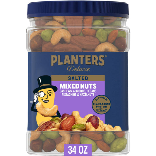 PLANTERS Deluxe Salted Mixed Nuts, Roasted Cashews, Almonds, Pecans, Pistachios, and Hazelnuts, Party Snacks, Plant-Based Protein, Quick Snack for Adults, After School Snack, 34oz Container-UPStoxs