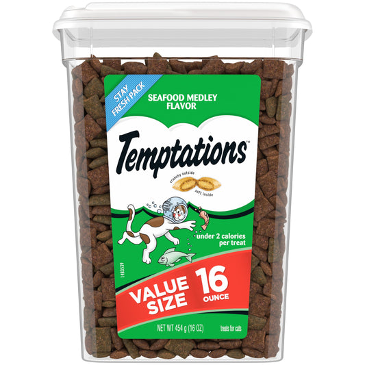 TEMPTATIONS Classic Crunchy and Soft Cat Treats Seafood Medley Flavor, 16 oz. Tub-UPStoxs