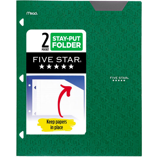 Five Star 2-Pocket Folder, Plastic Folder with Stay-Put Tabs, Fits 3 Ring Binder, Holds 8-1/2" x 11" Paper, Green (333420E-ECM)-UPStoxs