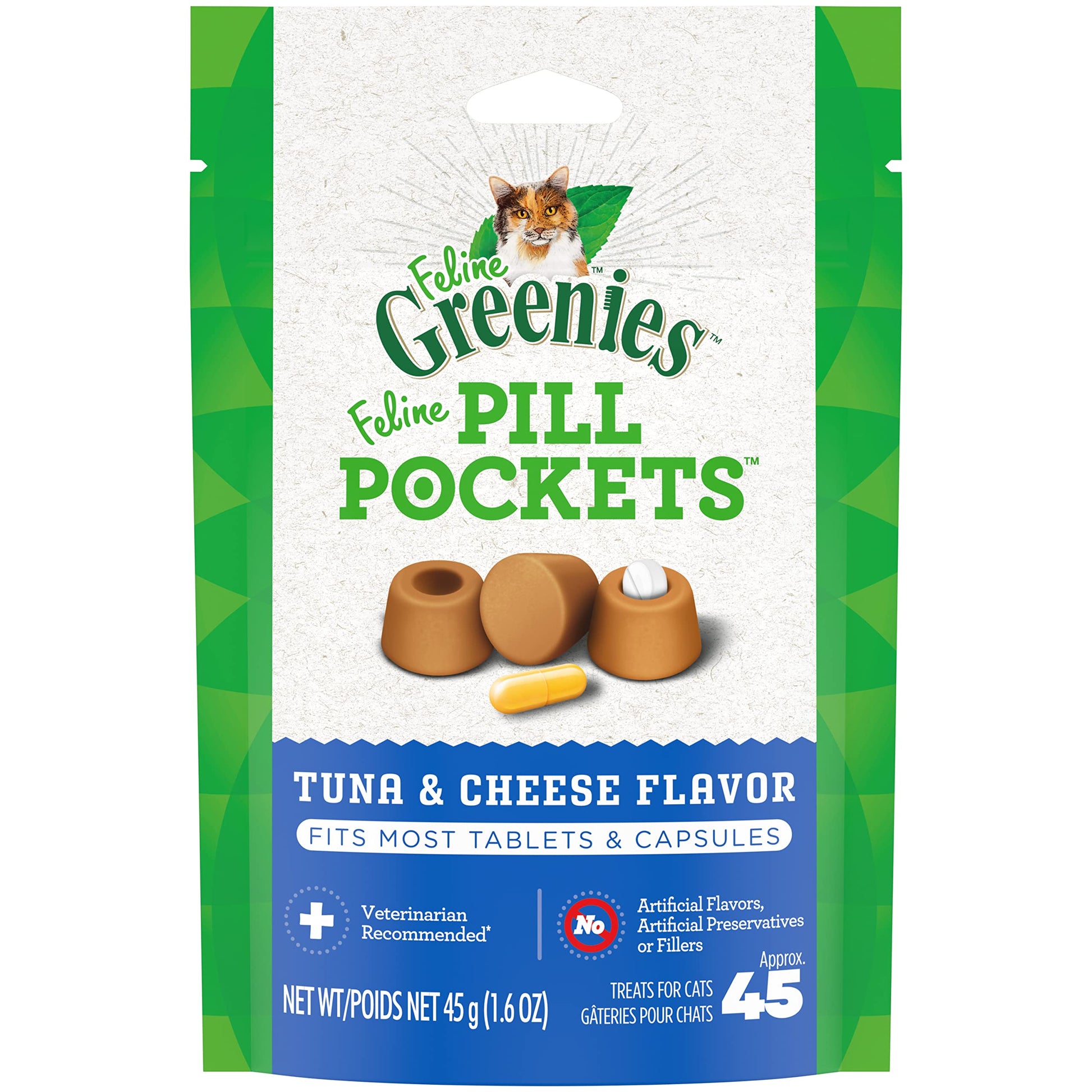 Greenies Feline Pill Pockets for Cats Natural Soft Cat Treats, Tuna & Cheese Flavor, 1.6 oz. Pack (45 Treats)-UPStoxs