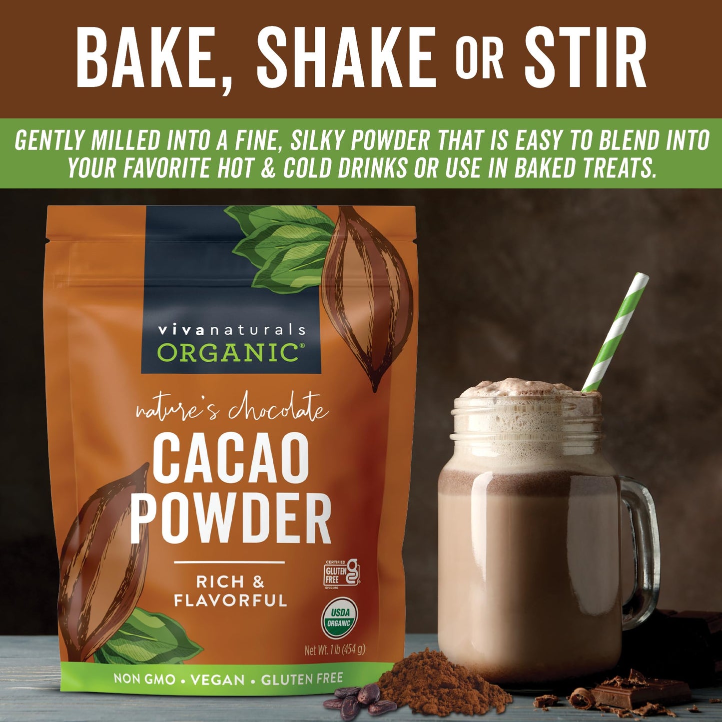 Viva Naturals Organic Cacao Powder, 1lb - Unsweetened Cacao Powder With Rich Dark Chocolate Flavor, Perfect for Baking & Smoothies, Non-GMO, Certified Vegan & Gluten-Free, 454 g-UPStoxs