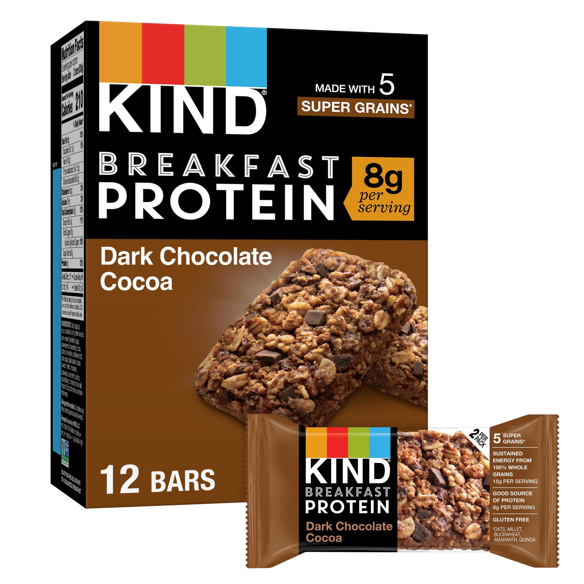 KIND Breakfast, Healthy Snack Bar, Dark Chocolate Cocoa, Gluten Free Breakfast Bars, 8g Protein, 1.76 OZ Packs (6 Count)-UPStoxs