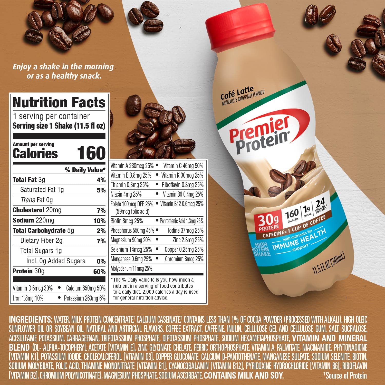 Premier Protein Shake, Café Latte, 30g Protein, 1g Sugar, 24 Vitamins & Minerals, Nutrients to Support Immune Health 11.5 fl oz, 12 Pack-UPStoxs