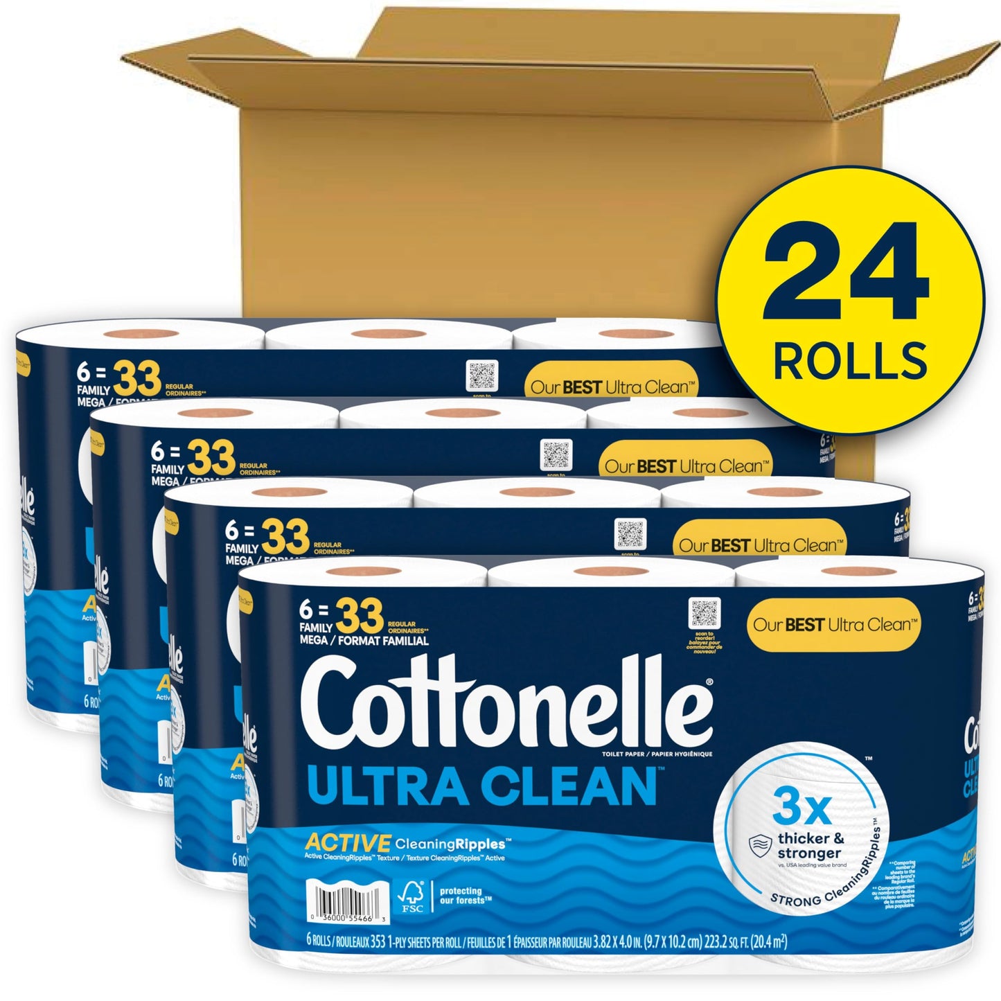 Cottonelle Ultra Clean Toilet Paper with Active CleaningRipples Texture, 24 Family Mega Rolls (24 Family Mega Rolls = 132 Regular Rolls) (4 Packs of 6), 353 Sheets Per Roll, Packaging May Vary-UPStoxs