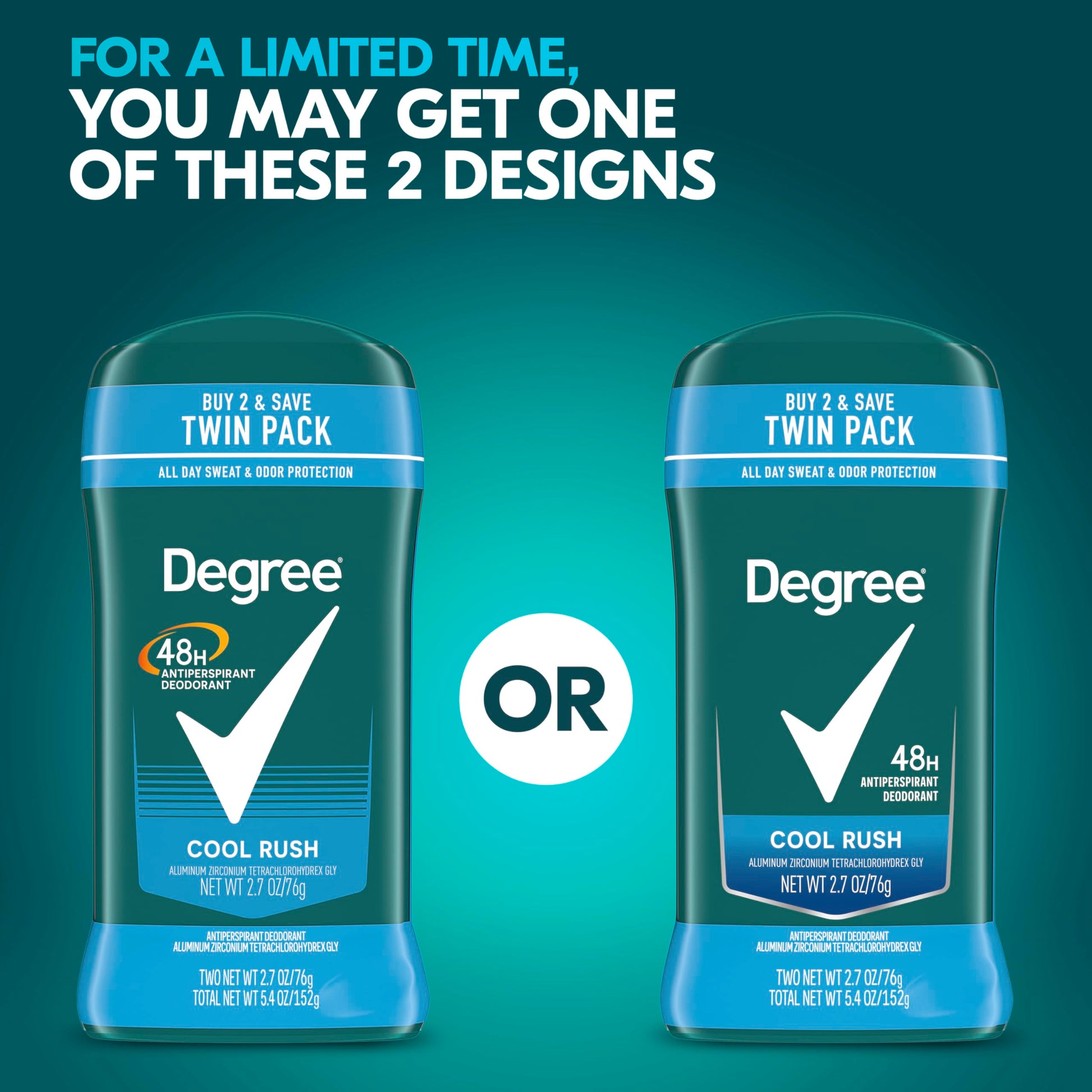 Degree Men Original Antiperspirant Deodorant Cool Rush Twin Pack 48-Hour Sweat & Odor Protection Antiperspirant For Men 2.7 oz-UPStoxs