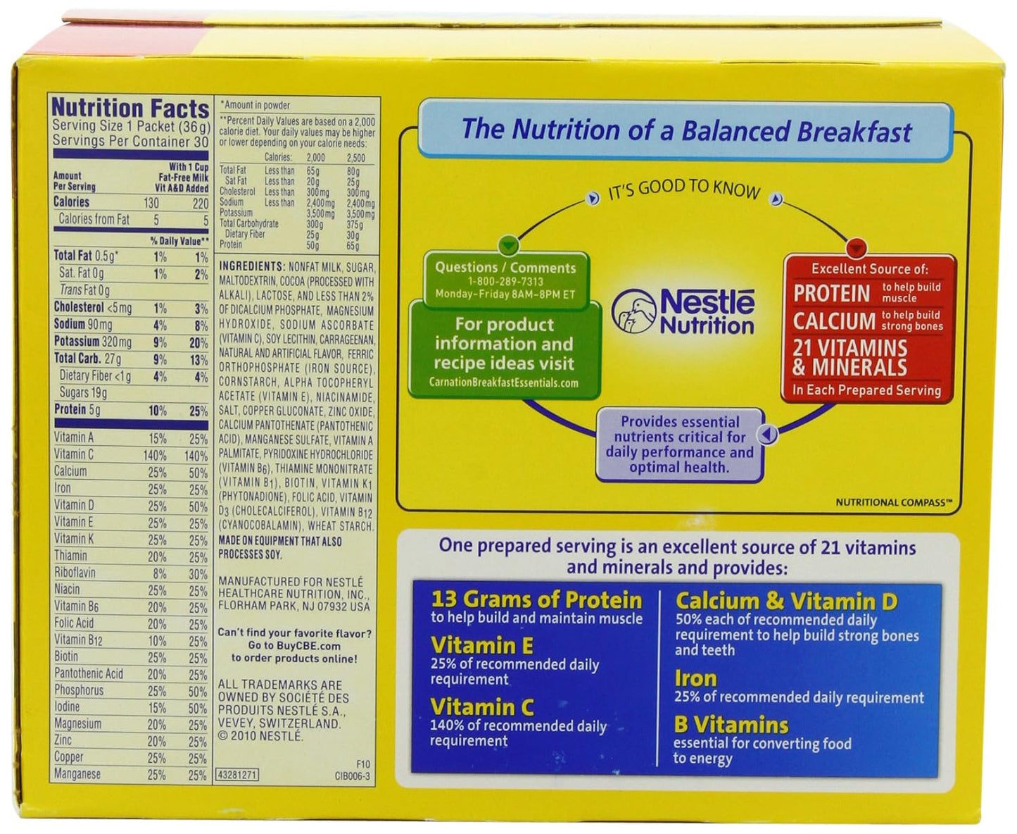 Carnation Breakfast Essentials Nutritional Powder Drink Mix, Chocolate 30 ct.