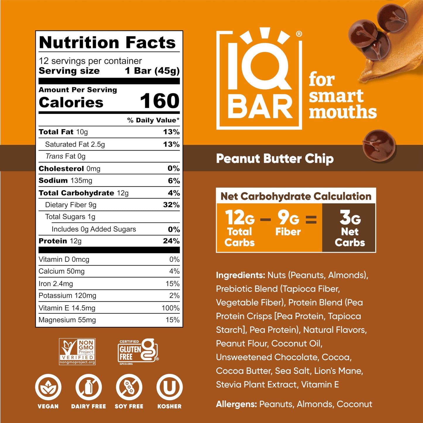 IQBAR Brain and Body Plant Protein Bars - Peanut Butter Chip - 12 Count, Low Carb, High Fiber, Gluten Free, Vegan Snacks - Low Sugar Keto Energy Bars-UPStoxs