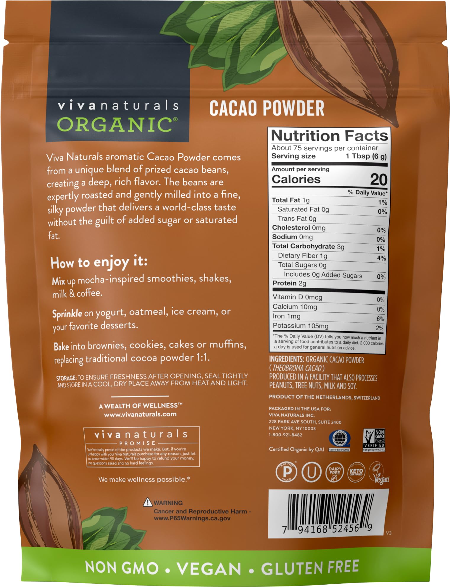 Viva Naturals Organic Cacao Powder, 1lb - Unsweetened Cacao Powder With Rich Dark Chocolate Flavor, Perfect for Baking & Smoothies, Non-GMO, Certified Vegan & Gluten-Free, 454 g-UPStoxs