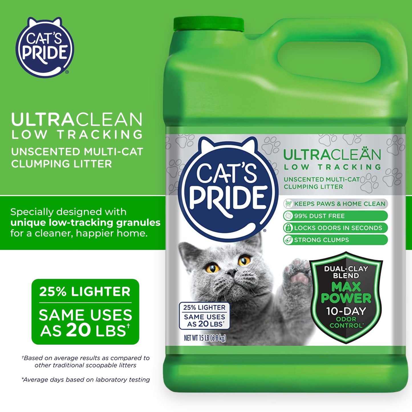 Cat's Pride Max Power: UltraClean Low Tracking Multi-Cat Clumping Litter - Keeps Paws & Home Clean - Up to 10 Days of Powerful Odor Control - 99% Dust Free - Unscented, 15 Pounds-UPStoxs