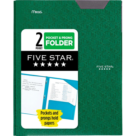 Five Star 2 Pocket Folder, Plastic Folder with Stay-Put Tabs and Prong Fasteners, Fits 3-Ring Binder, Holds 8-1/2" x 11" Paper, Writable Label, Forest Green (72111)-UPStoxs